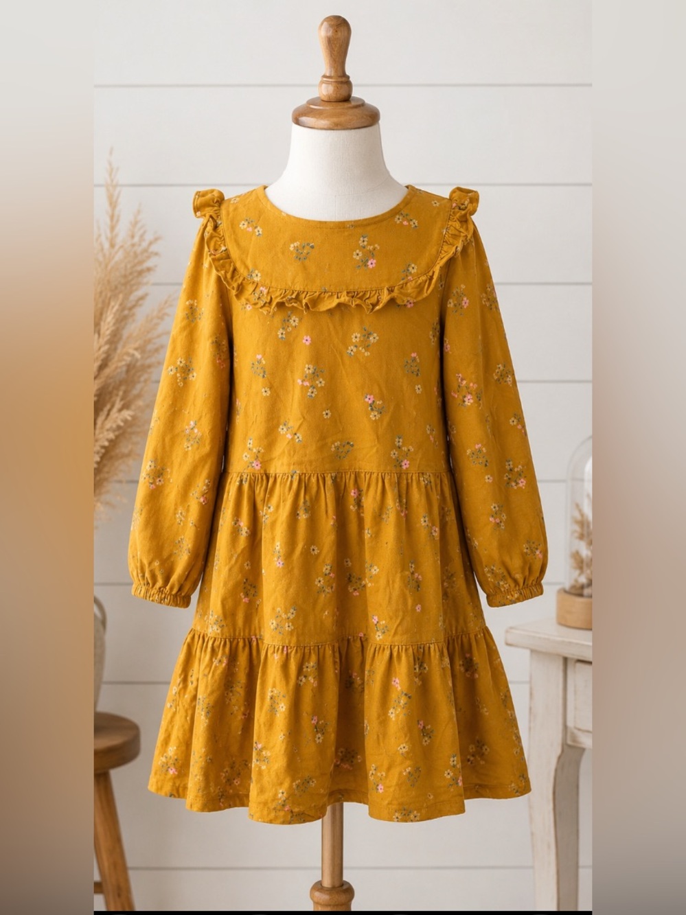 Adorable H&M Girls' Mustard Floral Ruffle-Trim Dress